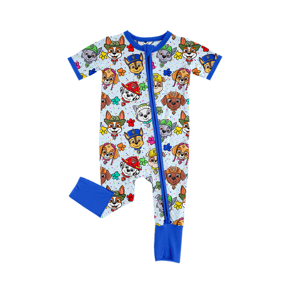 (Custom Design Preorder MOQ 5)  Cartoon Dog Blue Print Baby Boys Bamboo Sleeper Zipper Romper