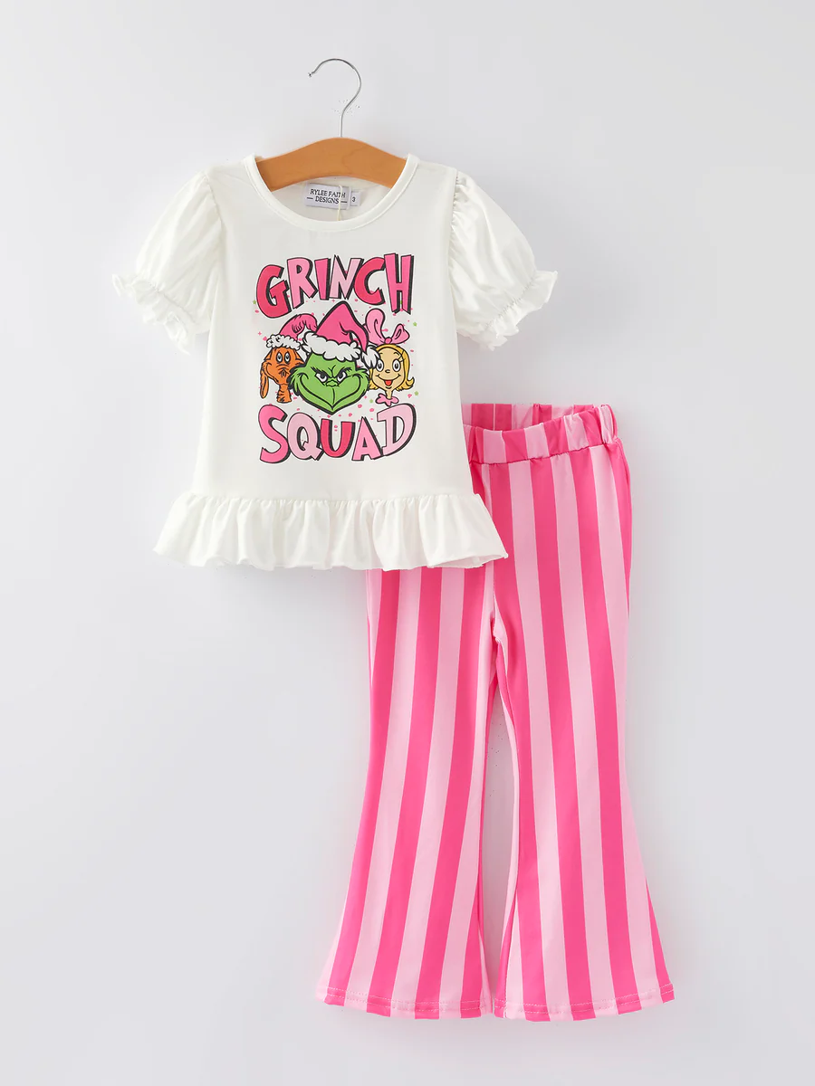 (Custom Design Preorder MOQ 5) Green Frog Top Pink Stripes Pants Girls Christmas Clothes Set