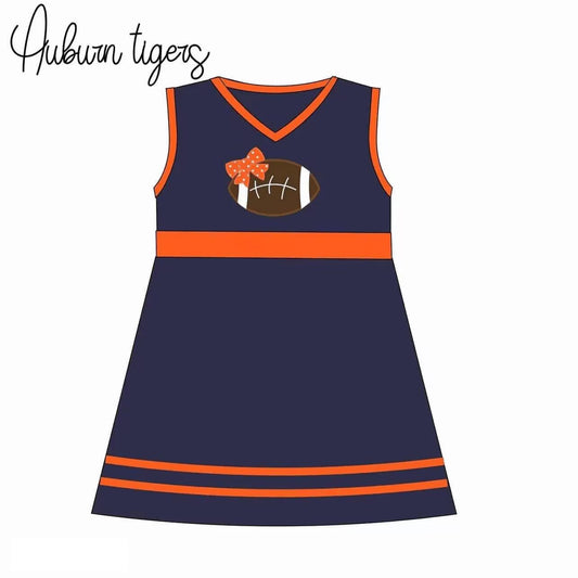 (Custom Design Preorder MOQ 5)  Navy Orange Football Print Girls Knee Length Dress