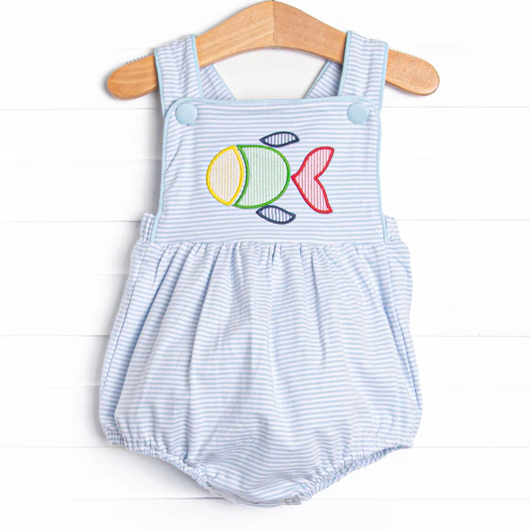 (Custom Design Preorder MOQ 5) Fish Stripes Print Baby Boys Summer Romper