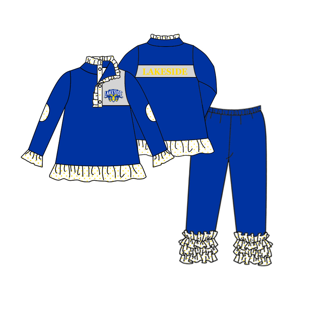 (Custom Design Preorder MOQ 5) Team's LAKESIDE Top Blue Pants Girls Fall Clothes Set