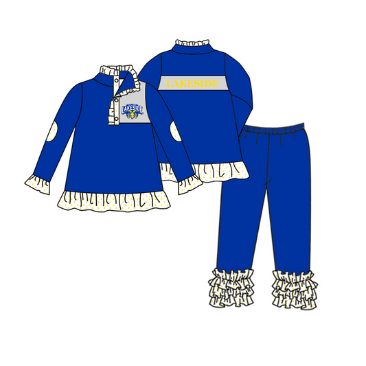 (Custom Design Preorder MOQ 5) Team's LAKESIDE Top Blue Pants Girls Fall Clothes Set