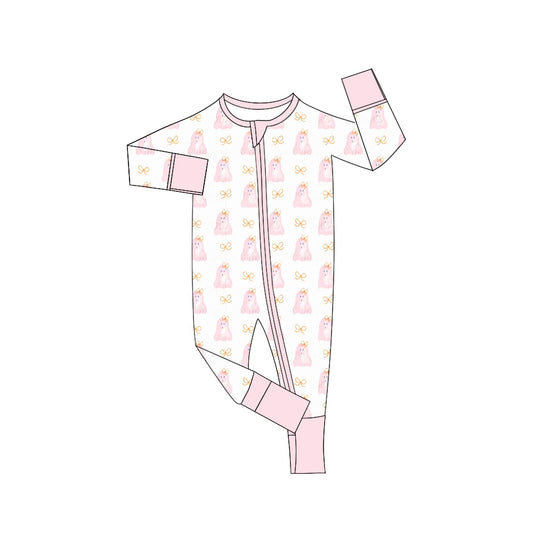 (Custom Design Preorder MOQ 5)  Ghost Print Baby Girls Halloween Sleeper Zipper Romper