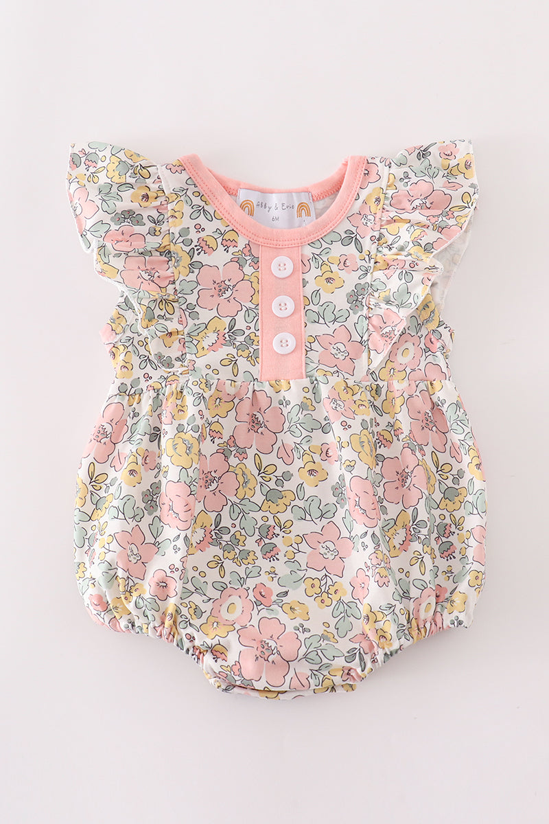 (Custom Design Preorder MOQ 5) Pink Yellow Flowers Print Baby Girls Spring Romper