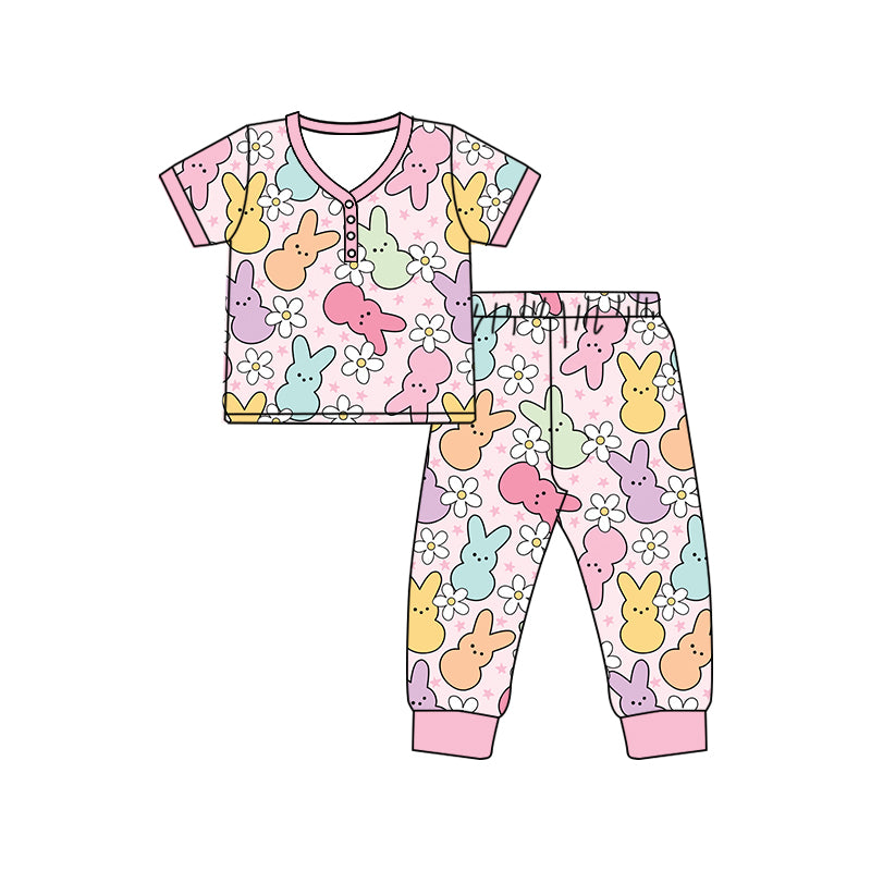 1.7(Custom Design Preorder MOQ 5 Each Design) Colorful Bunny Flowers Print Pajamas Sets Mom and Me Easter Matching Clothes