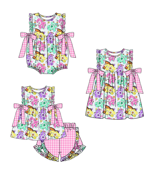 12.5(Custom Design Preorder MOQ 5 Each Design) Cartoon Bear Colorful Flowers Plaid Print Girls Summer Matching Clothes Sisters Wear