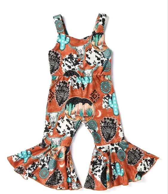 (Custom Design Preorder MOQ 5)  Cow Skull Aztec Cactus Print Girls Summer Western Jumpsuits