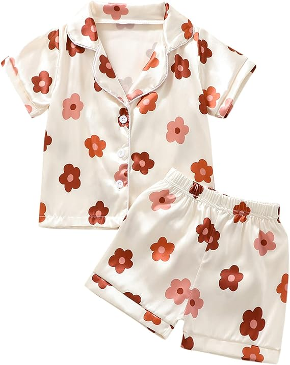 (Custom Design Preorder MOQ 5)  Brown Flowers Print Girls Summer Pajamas Clothes Set