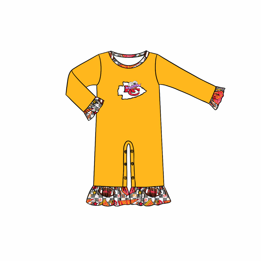 (Custom Design Preorder MOQ 5) Team's KC Football Yellow Print Baby Girls Fall Romper