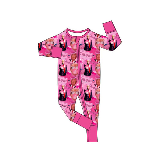 (Custom Design Preorder MOQ 5) TRUMP Pink Print Baby Girls Sleeper Zipper Romper