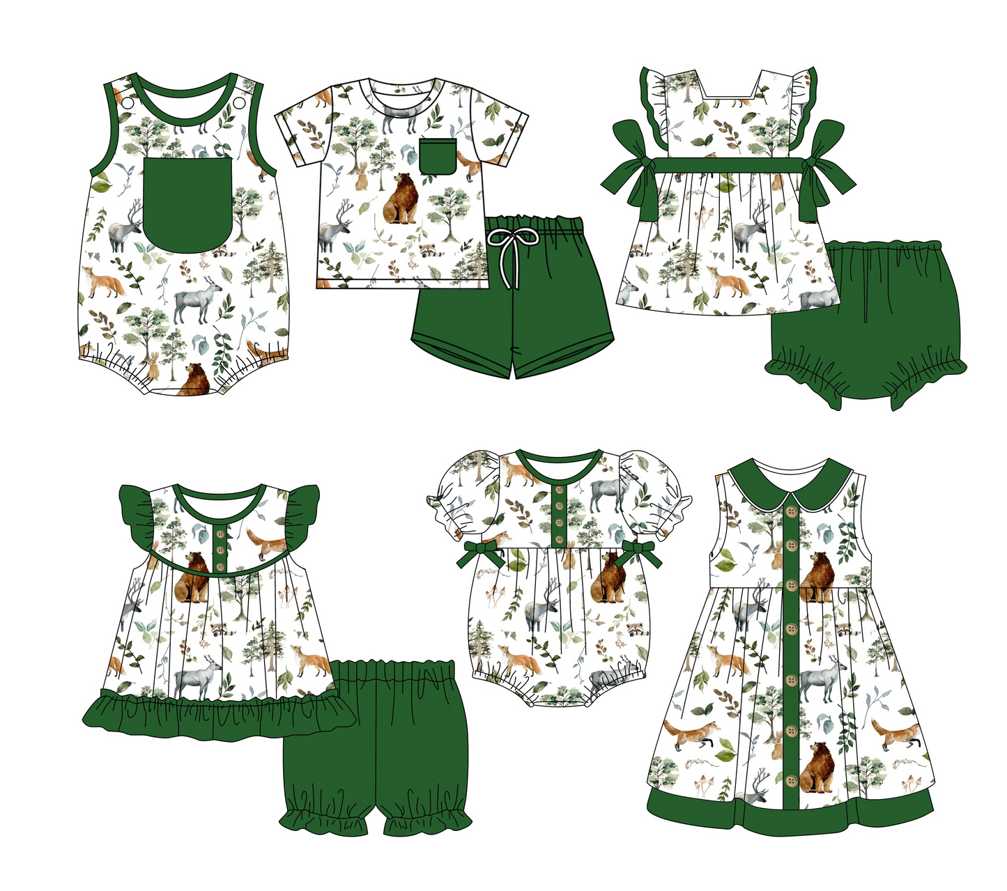 3.3(Custom Design Preorder MOQ 5 Each Design) Animals Green Print Kids Summer Matching Clothes Sibling Wear