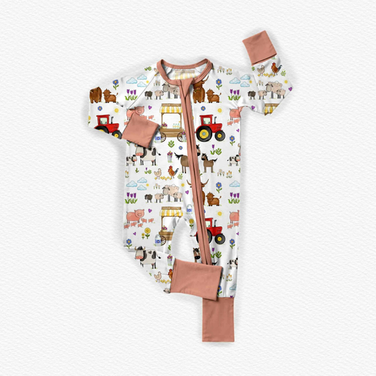 (Custom Design Preorder MOQ 5) Farm Animals Pink Print Baby Long Sleeve Zipper Sleeper Romper