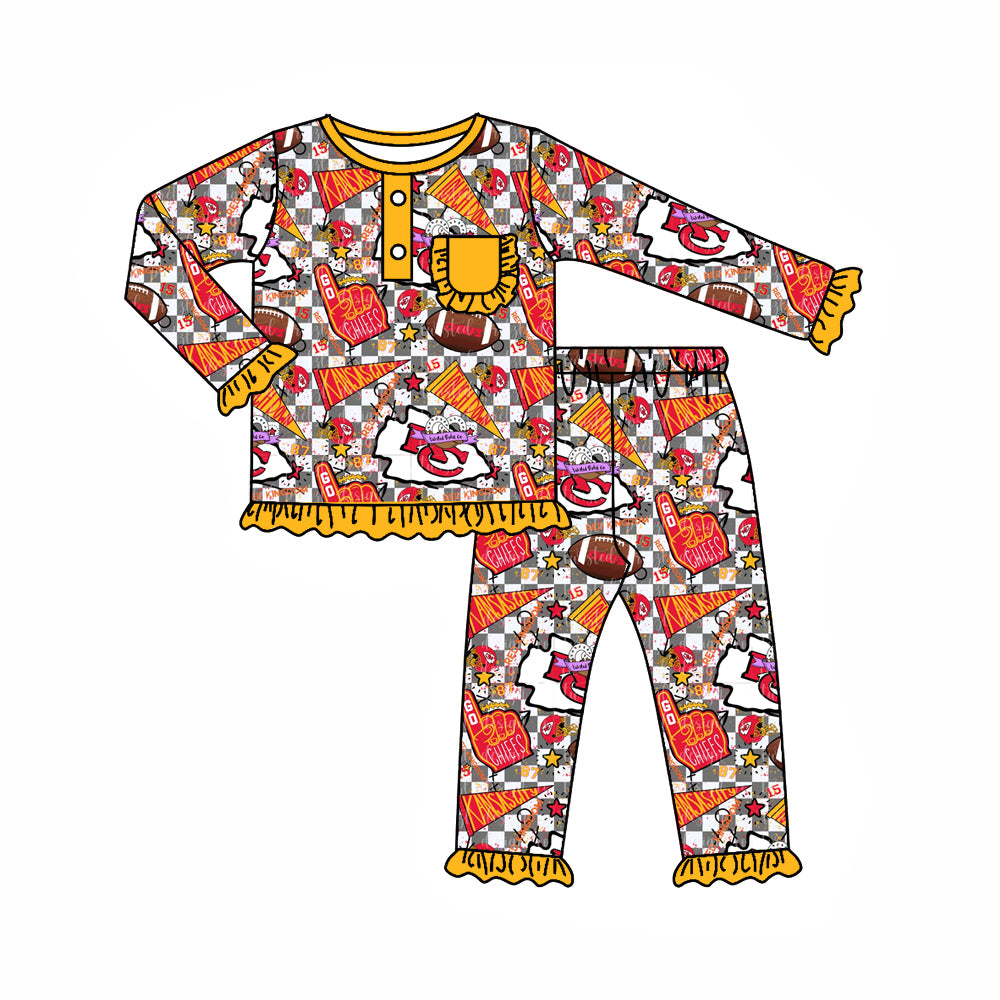 (Custom Design Preorder MOQ 5) Team's KC Yellow Print Pocket Girls Fall Pajamas Clothes Set