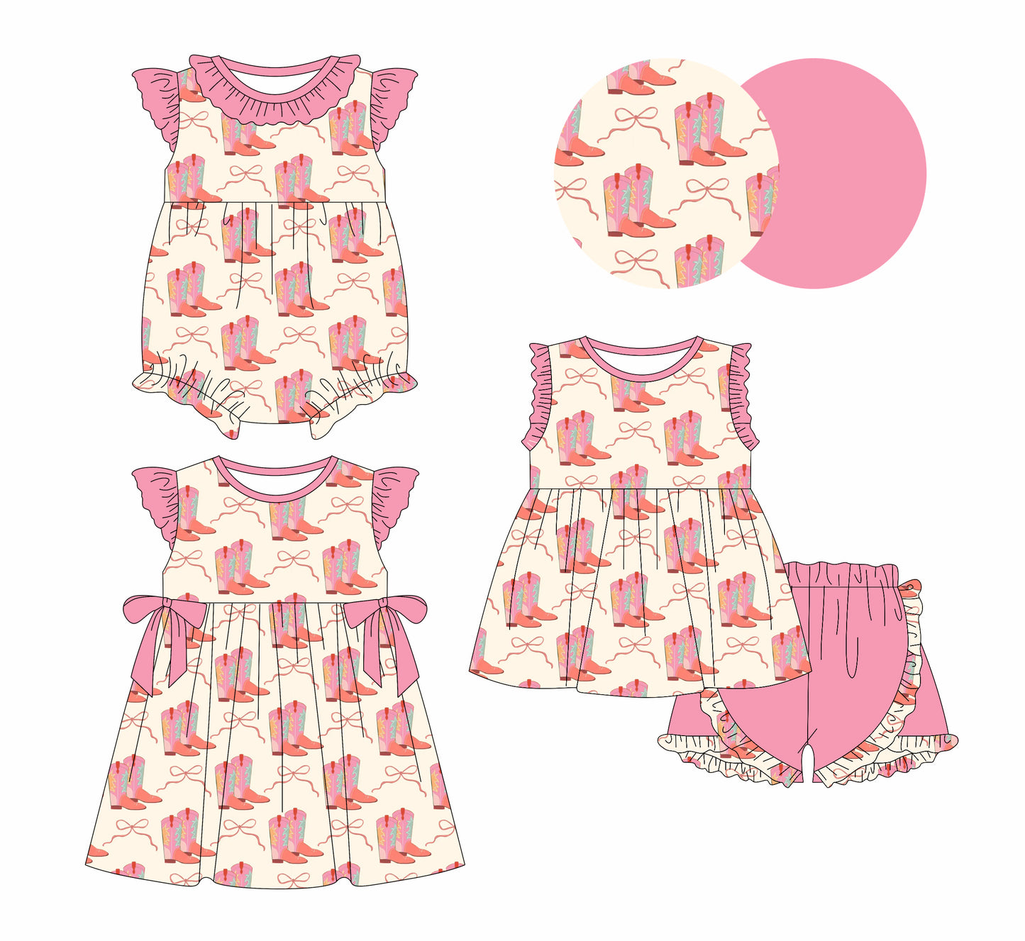12.5 (Custom Design Preorder MOQ 5 Each Design) Boots Bows Print Girls Summer Western Matching Clothes Sisters Wear