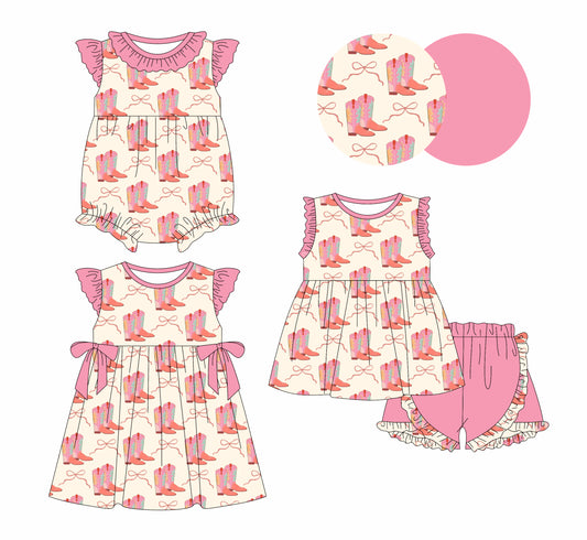 12.5 (Custom Design Preorder MOQ 5 Each Design) Boots Bows Print Girls Summer Western Matching Clothes Sisters Wear