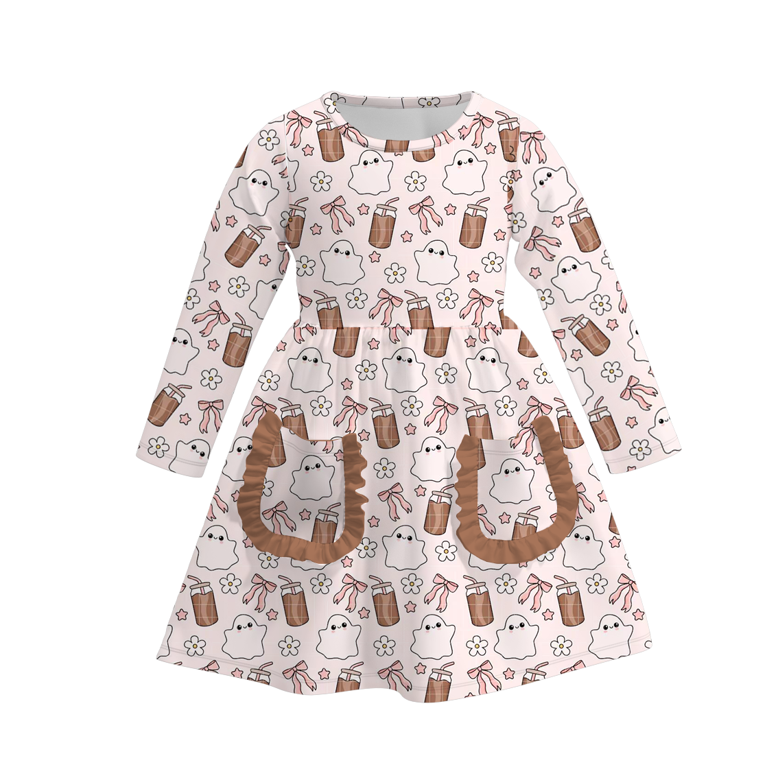 (Custom Design Preorder MOQ 5) Ghost Pink Bows Print Girls Knee Length Fall Dress