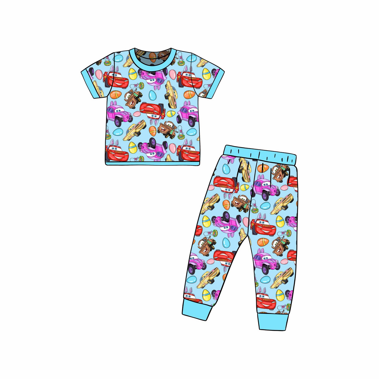 (Custom Design Preorder MOQ 5) Cartoon Cars Eggs Print Kids Easter Pajamas Clothes Set
