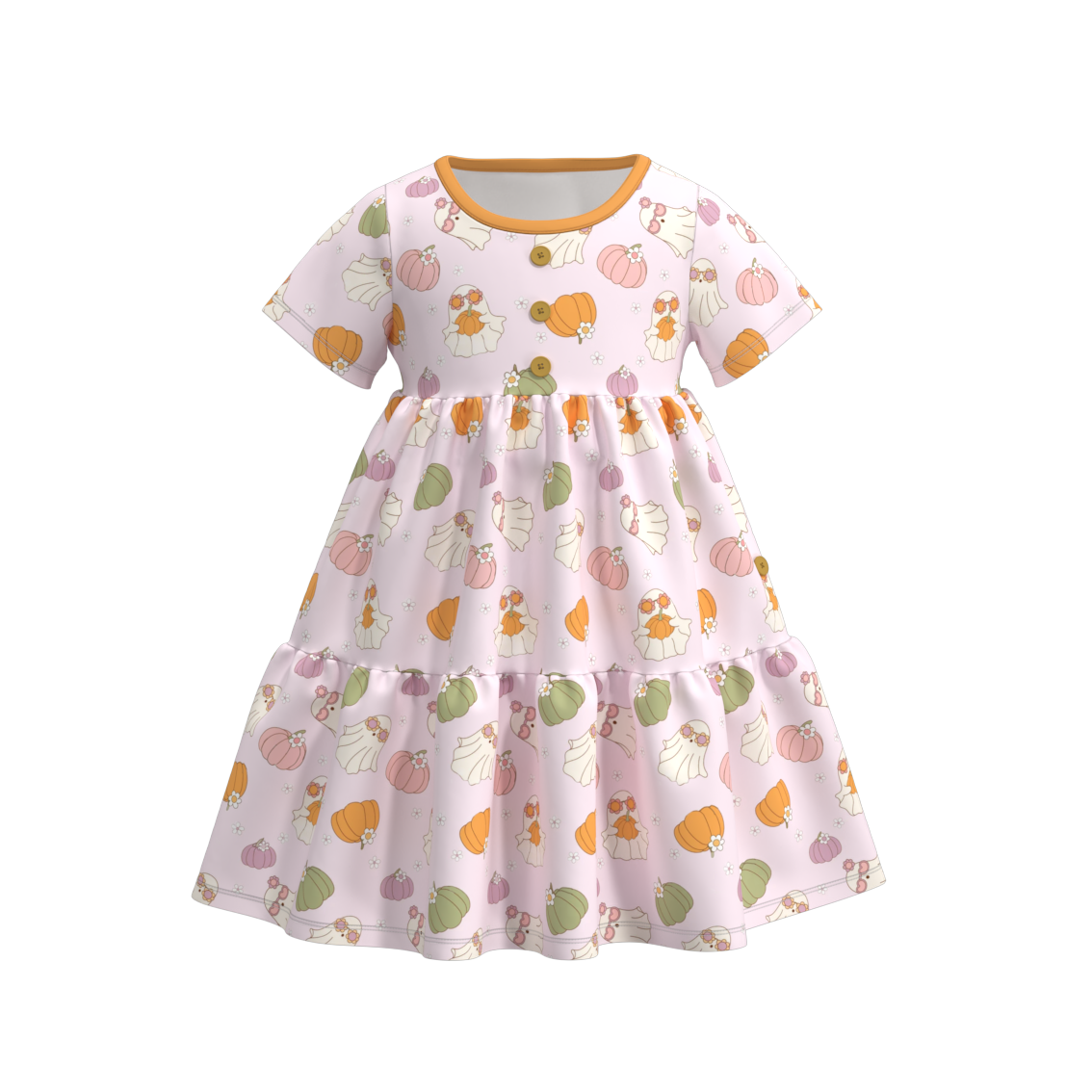 (Custom Design Preorder MOQ 5) Ghost Pumpkin Print Girls Knee Length Halloween Dress