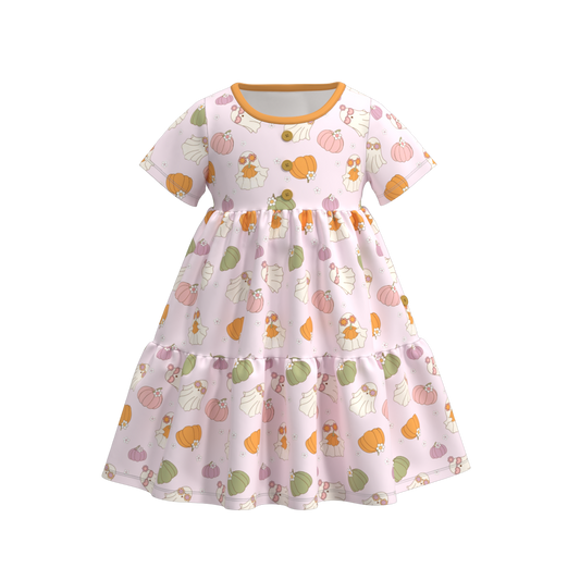 (Custom Design Preorder MOQ 5) Ghost Pumpkin Print Girls Knee Length Halloween Dress