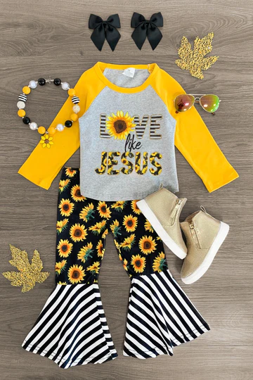 (Custom Design Preorder MOQ 5)  LOVE Like Jesus Top Sunflowers Bell Pants Girls Clothes Sets