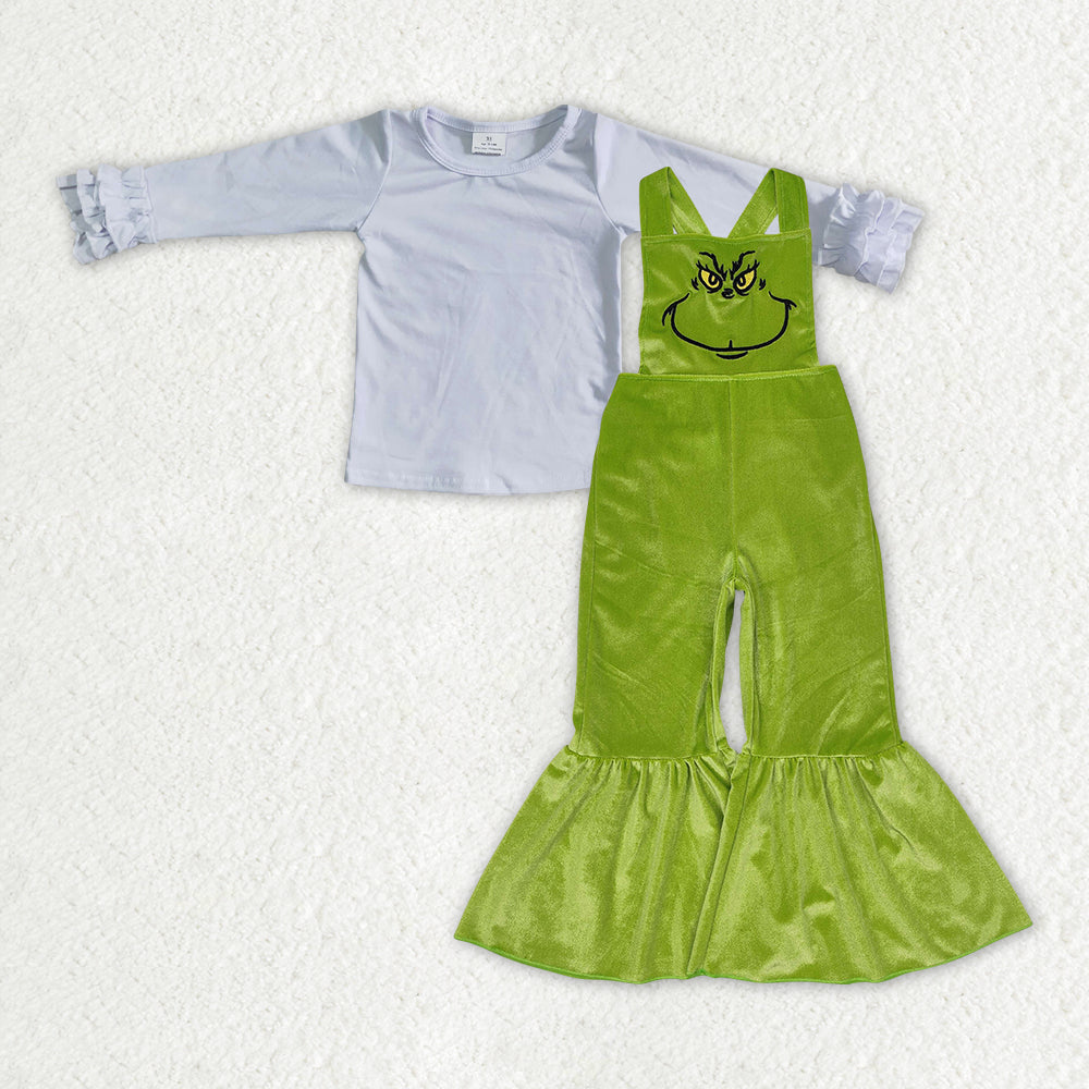 GLP2278  White Top Green Frog Face Embroidery Velvet Jumpsuits Girls Christmas Clothes Set