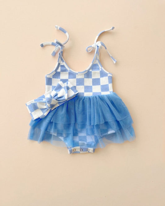 (Custom Design Preorder MOQ 5)  Blue Plaid Print Baby Girls Summer Tulle Romper