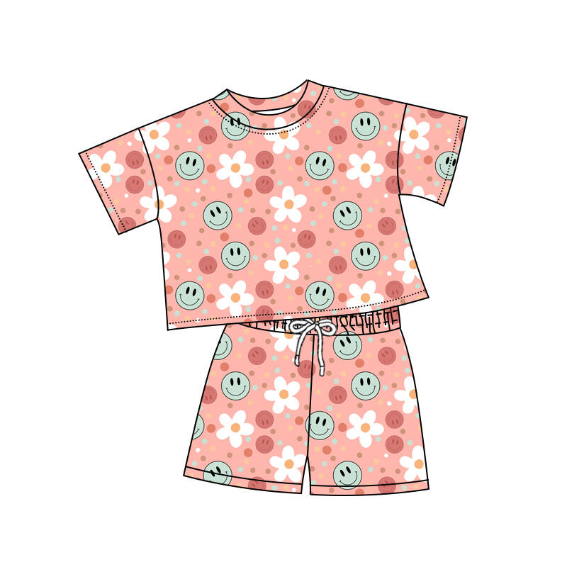 (Custom Design Preorder MOQ 5) Smiling Face Flowers Print Girls Summer Clothes Set
