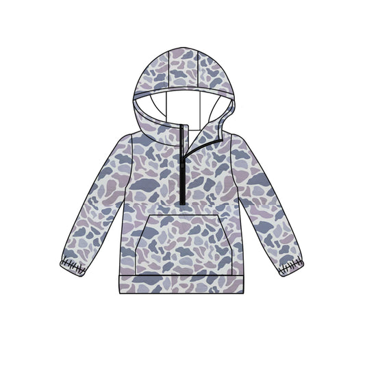 (Custom Design Preorder MOQ 5)  Grey Camo Print Adult Hoodie Zipper Pocket Top