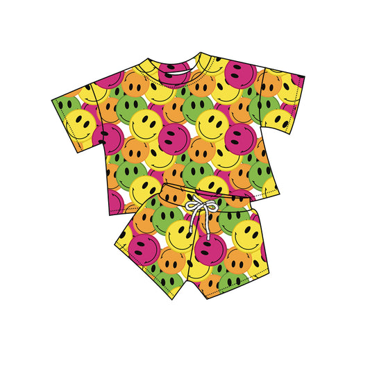 12.10(Custom Design Preorder MOQ 5) Colorful Smiling Face Print Girls Summer Clothes Set
