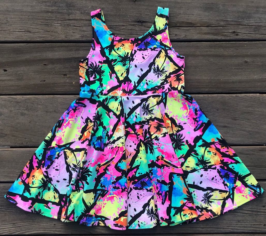 (Custom Design Preorder MOQ 5) Coconut Trees Tie-dye Print Girls Summer Knee Length Dress