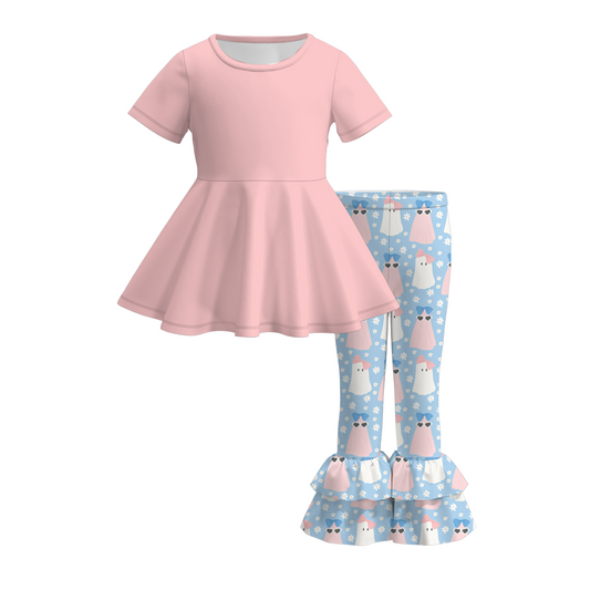 (Custom Design Preorder MOQ 5)  Pink Tunic Top Ghost Ruffle Pants Girls Halloween Clothes Set