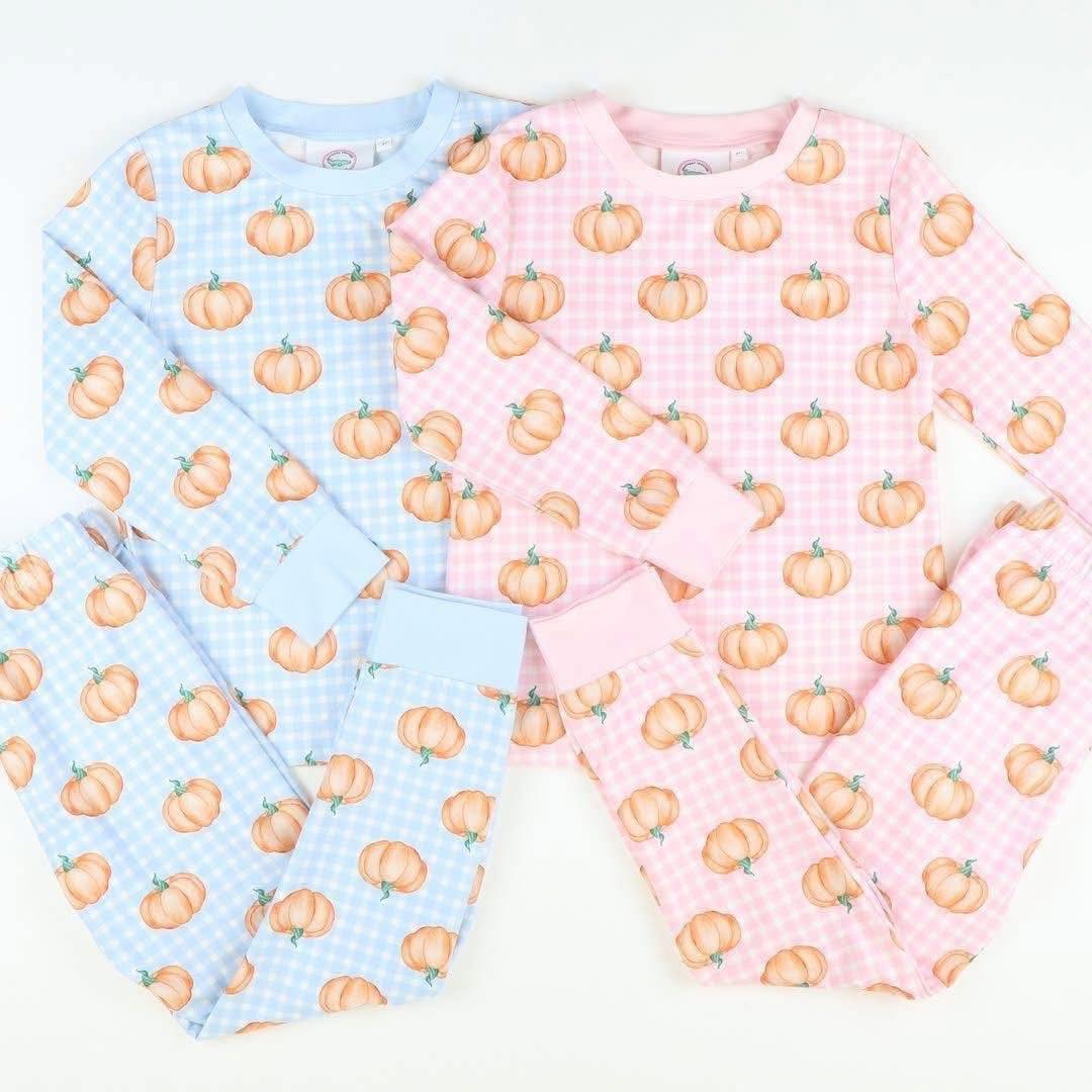 (Custom Design Preorder MOQ 5 Each Design) Pumpkin Plaid Print Kids Fall Pajamas Matching Clothes Sibling Wear