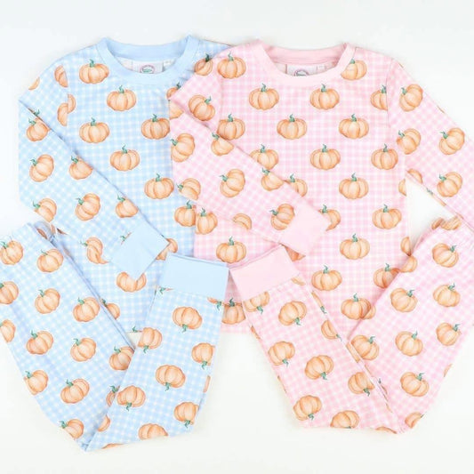 (Custom Design Preorder MOQ 5 Each Design) Pumpkin Plaid Print Kids Fall Pajamas Matching Clothes Sibling Wear