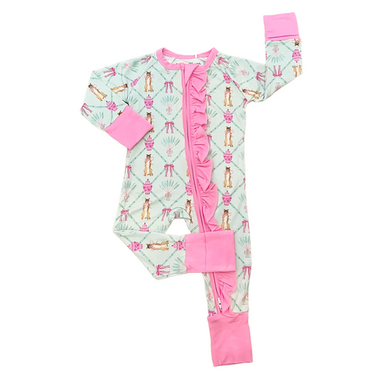 (Custom Design Preorder MOQ 5)  Leopard Bows Print Baby Girls Bamboo Sleeper Zipper Romper