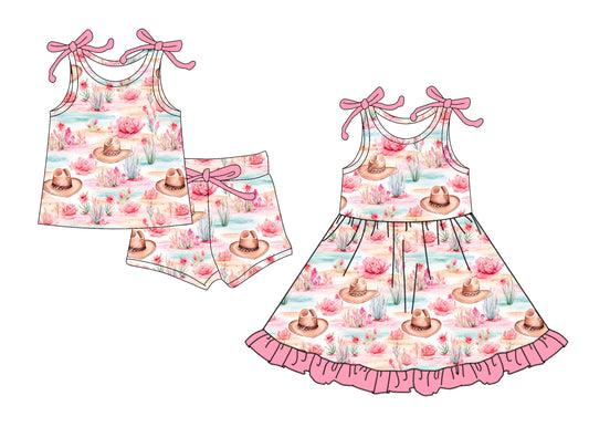 4.14(Custom Design Preorder MOQ 5 Each Design) Hat Flowers Print Girls Summer Matching Clothes Sisters Wear