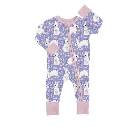 (Custom Design Preorder MOQ 5) Purple Flowers Bunny Print Baby Girls Easter Zipper Romper