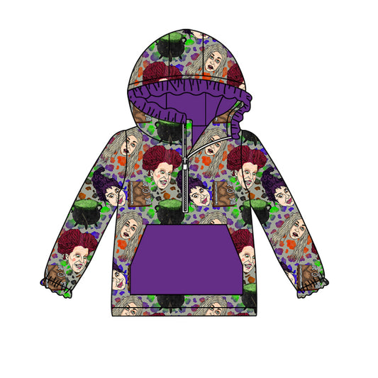 (Custom Design Preorder MOQ 5) Cartoon Witch Print Girls Halloween Hoodie Zipper Tops