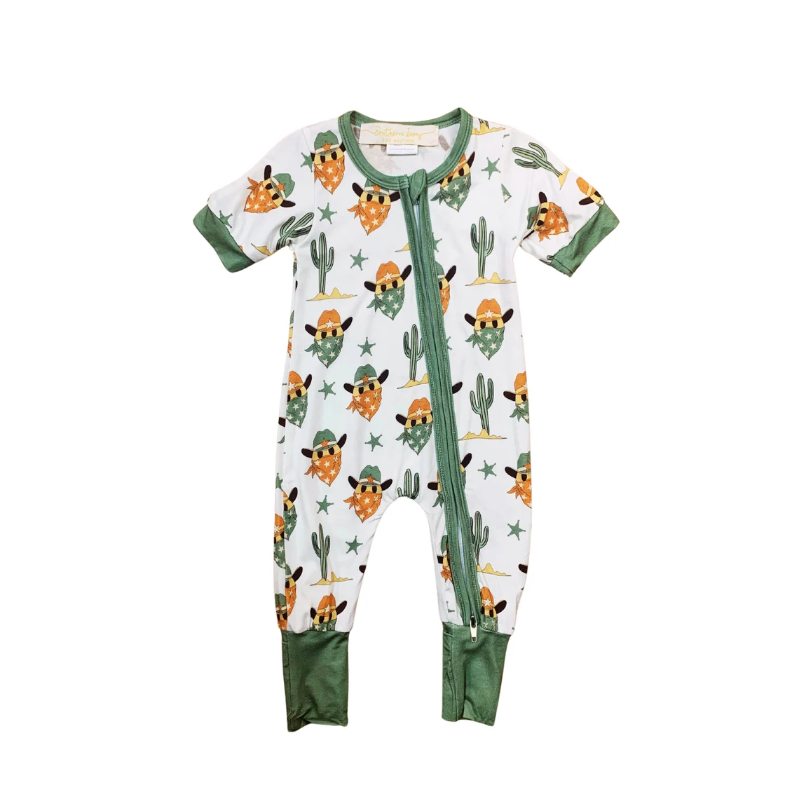 (Custom Design Preorder MOQ 5)  Cowboy Cactus Print Baby Boys Western Bamboo Sleeper Zipper Romper