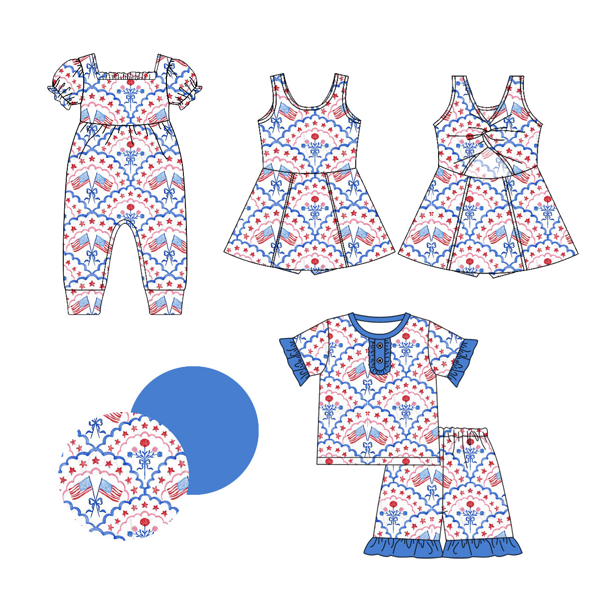 1.4(Custom Design Preorder MOQ 5 Each Design) Flag Bows Print Girls 4th of July Matching Clothes Sisters Wear