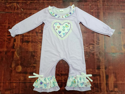 (Custom Design Preorder MOQ 3 ) Heart Purple Print Baby Girls Valentine's Day Romper