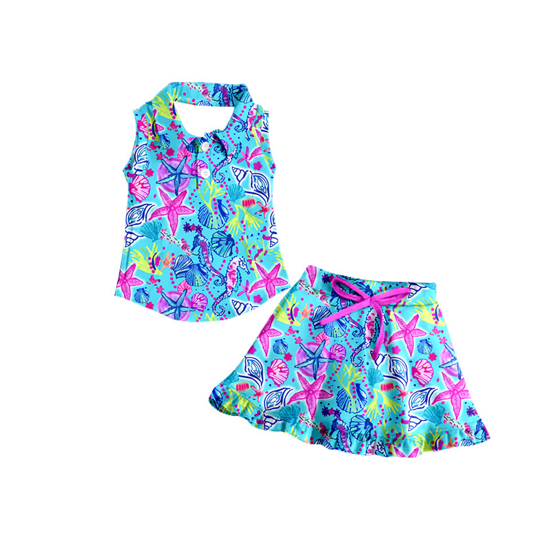 (Custom Design Preorder MOQ 5) Colorful Shell Print Shorts Skirts Girls Summer Athletic Clothes Set