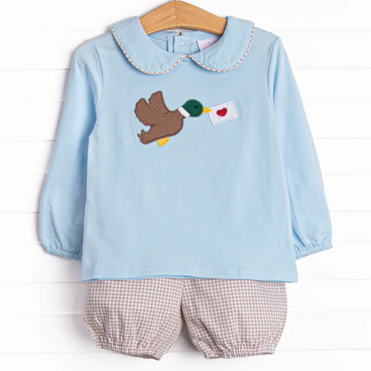 (Custom Design Preorder MOQ 5) Duck Letter Blue Top Plaid Shorts Boys Valentine's Day Clothes Set