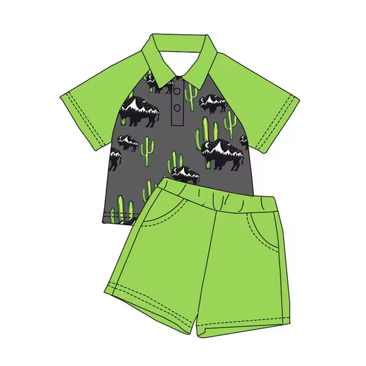 (Custom Design Preorder MOQ 5)  Cows Polo Top Green Shorts Boys Summer Clothes Set