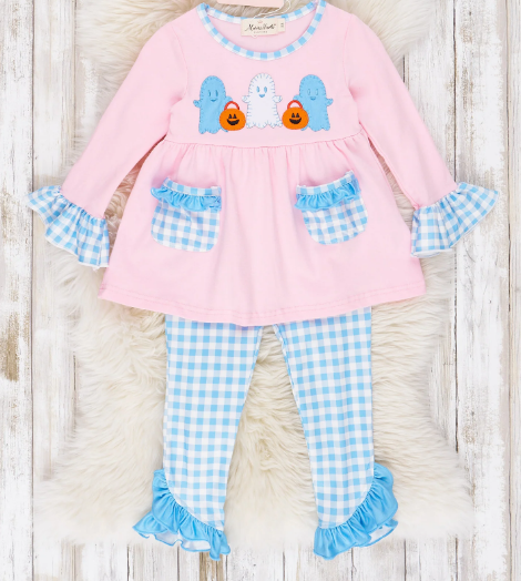 (Custom Design Preorder MOQ 5) Ghost Pumpkin Pink Tunic Top Blue Plaid Pants Girls Halloween Clothes Set