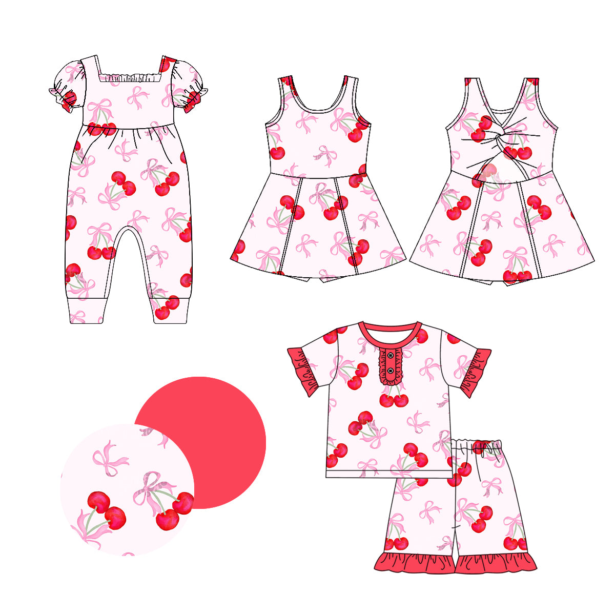 1.4(Custom Design Preorder MOQ 5 Each Design) Cherry Bows Print Girls Summer Matching Clothes Sisters Wear