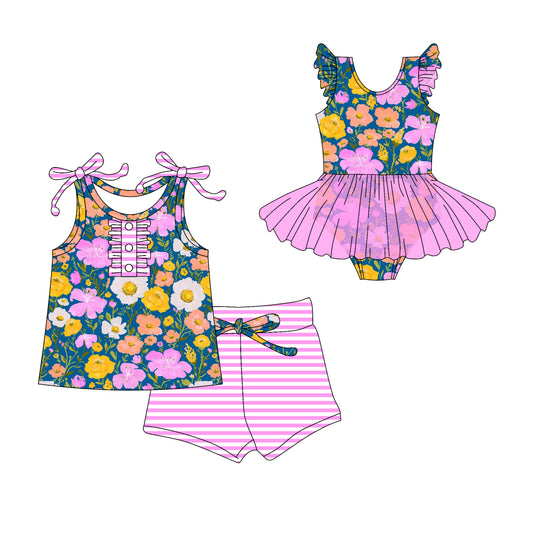 3.10(Custom Design Preorder MOQ 5 Each Design) Flowers Colorful Print Girls Summer Matching Clothes Sisters Wear