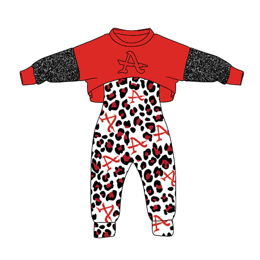 (Custom Design Preorder MOQ 5) Team's ALBIA Red Top Leopard Jumpsuits Girls Clothes Set