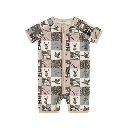 (Custom Design Preorder MOQ 5) Duck Deer Camo Hunting Print Baby Boys Summer Zipper Romper