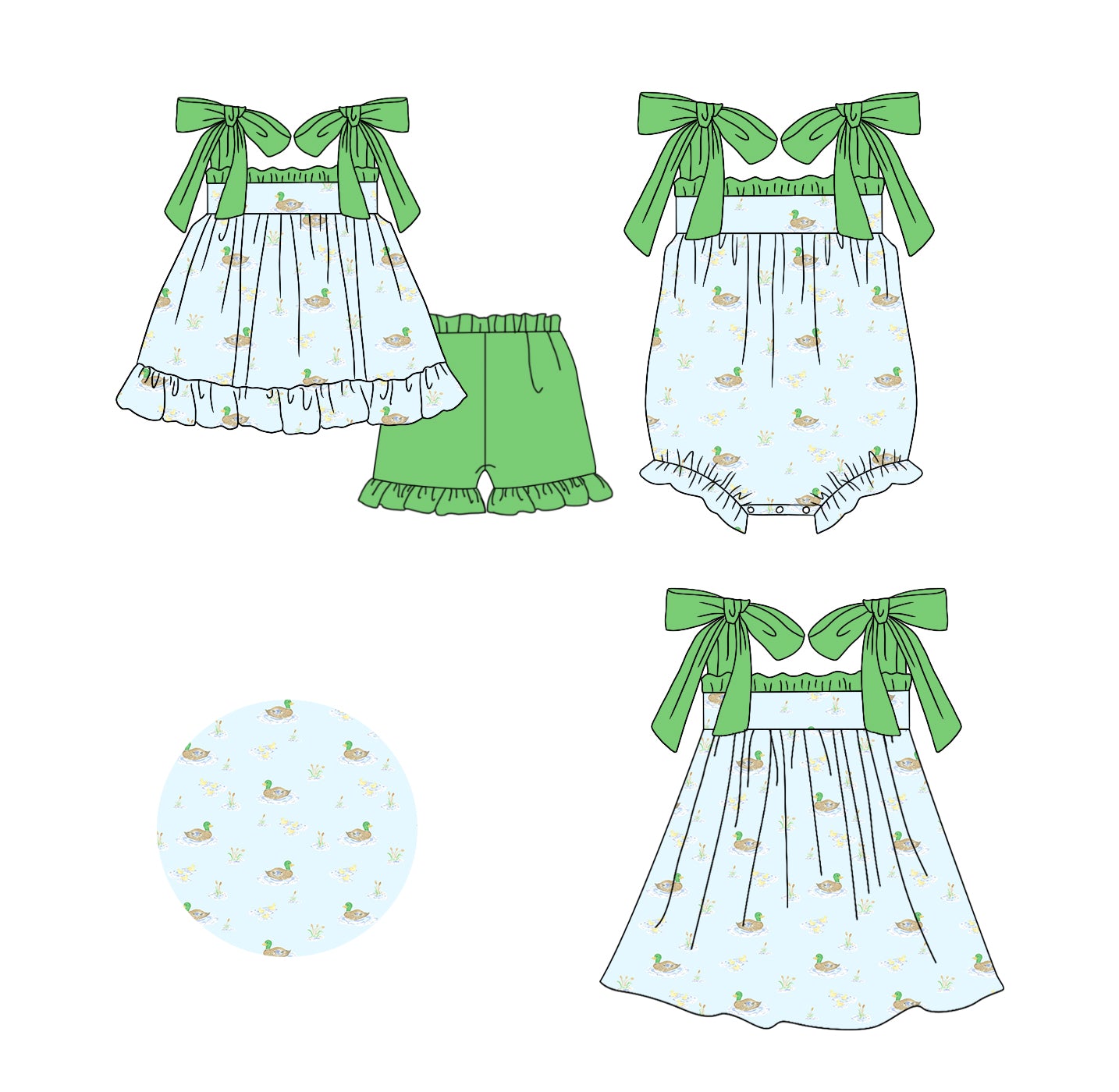 11.16(Custom Design Preorder MOQ 5 Each Design) Duck Green Print Girls Summer Matching Clothes Set Sisters Wear