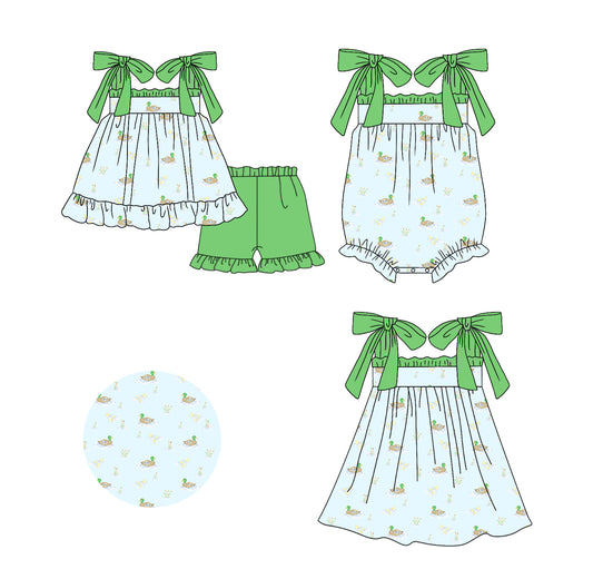 11.16(Custom Design Preorder MOQ 5 Each Design) Duck Green Print Girls Summer Matching Clothes Set Sisters Wear